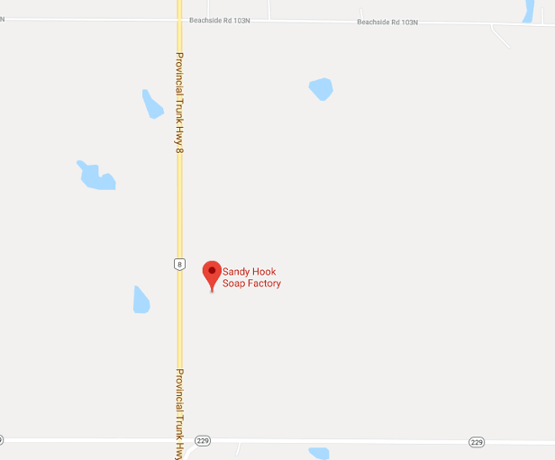 Google Map picture of location of The Sandy Hook Soap Factory in the R.M. of Gimli just northwest of the Town of Winnipeg Beach in Manitoba.