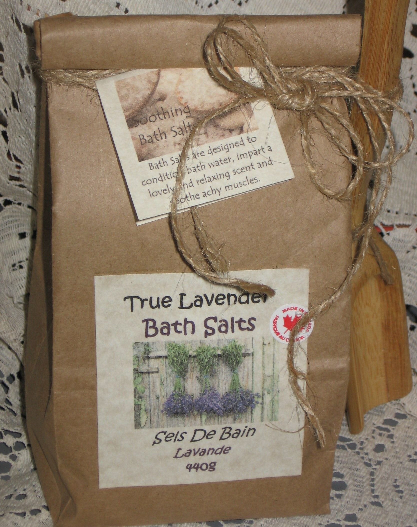 Enviro-friendly packaging of our all natural Creamy Milk Baths in eight bath bags with an environmentally friendly bamboo scoop.  Made from scratch in Canada.