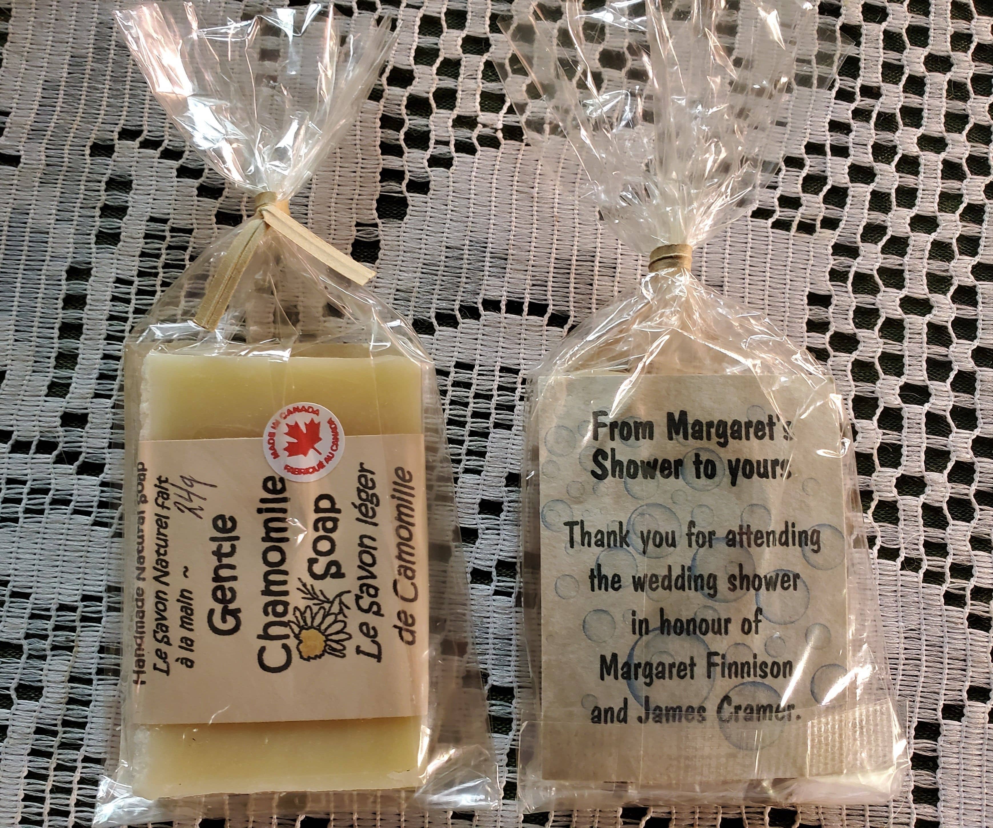 These cute, inexpensive Bridal Shower soap favours are made with small batch all natural soap and decorated with organic flower petals.  Beautiful presentation.