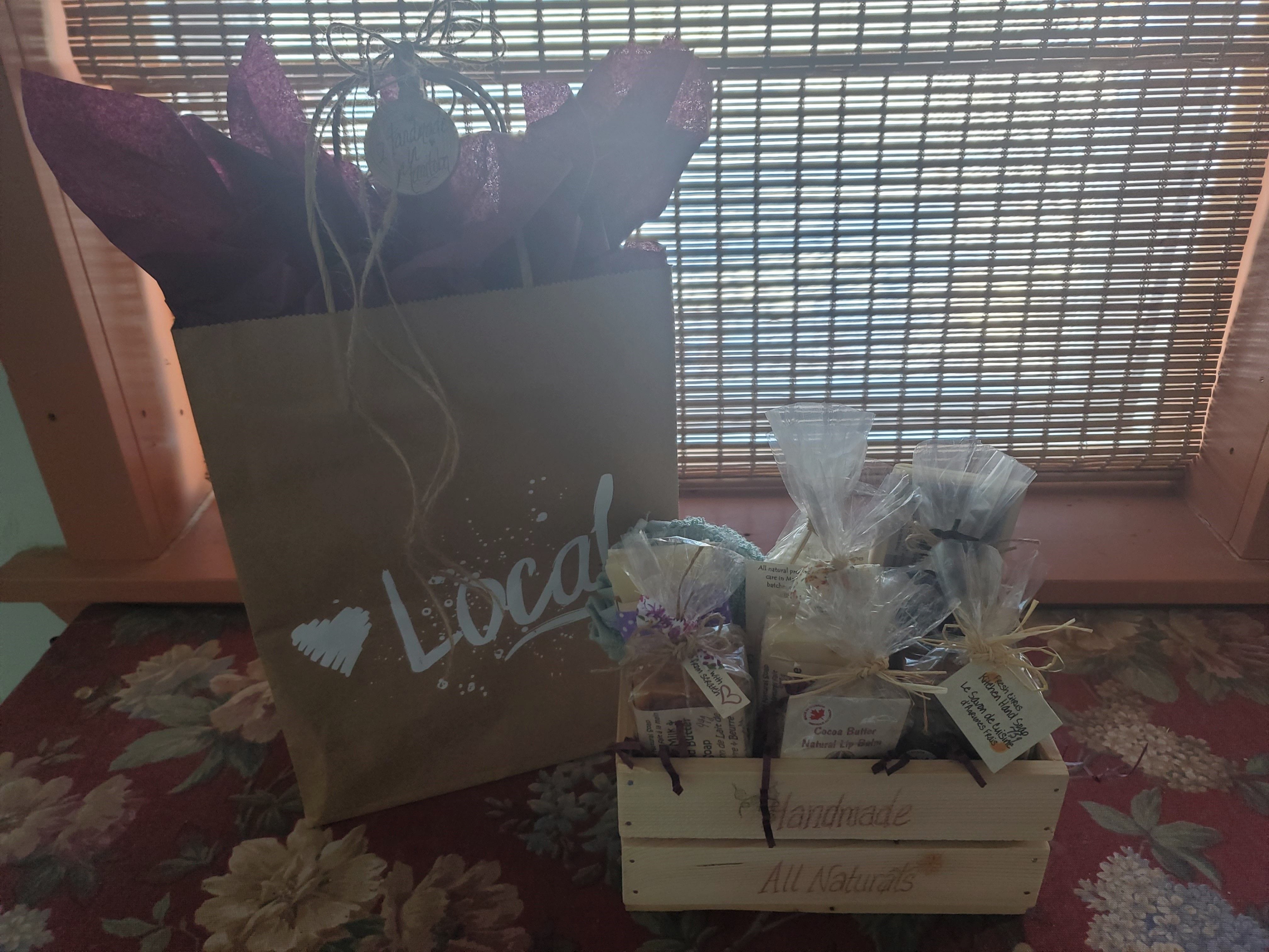 Beautiful, unique gift collections Manitoba-made in handmade wooden crates and presented in a decorated gift bag, all dressed up and ready to gift!
